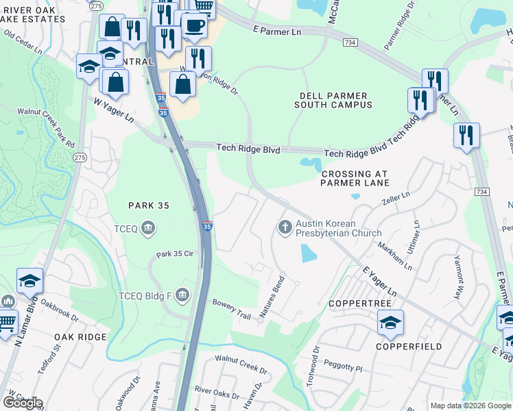 map of restaurants, bars, coffee shops, grocery stores, and more near 305 East Yager Lane in Austin
