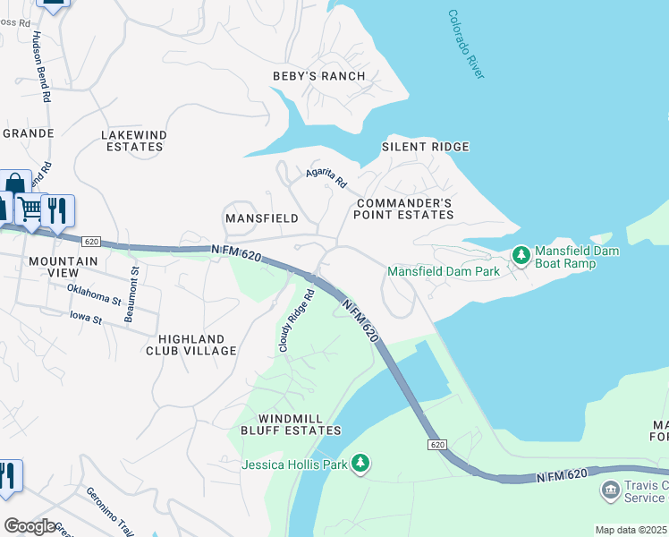 map of restaurants, bars, coffee shops, grocery stores, and more near 4301 Mansfield Dam Road in Austin