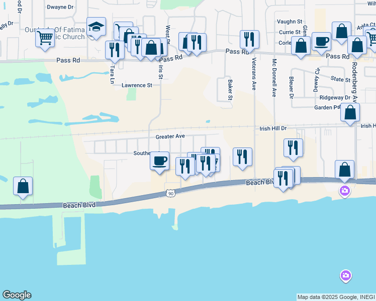 map of restaurants, bars, coffee shops, grocery stores, and more near 1916 Southern Avenue in Biloxi