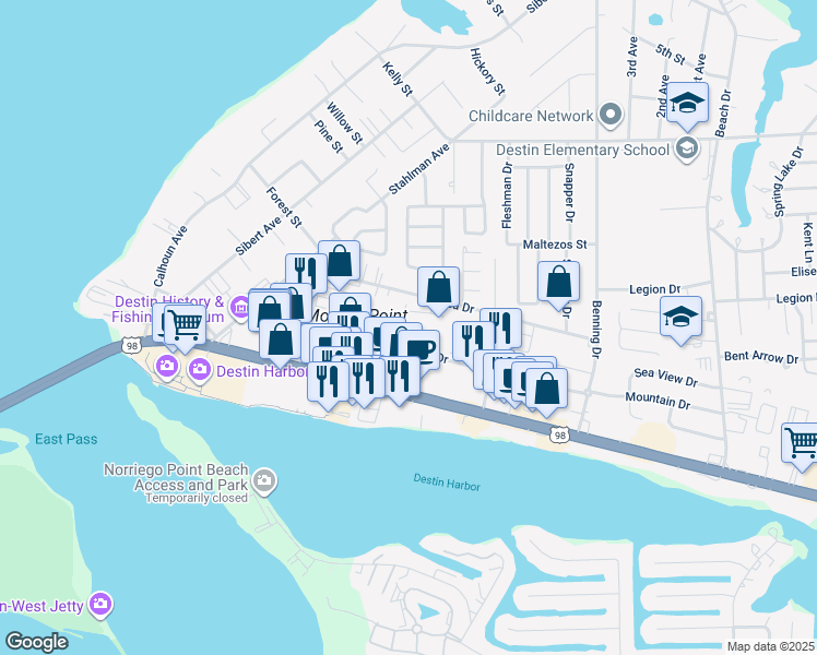 map of restaurants, bars, coffee shops, grocery stores, and more near 235 Pelican Place in Destin