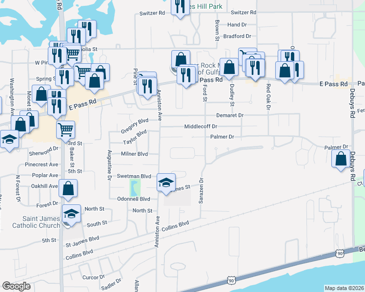 map of restaurants, bars, coffee shops, grocery stores, and more near 2370 Park Place Drive in Gulfport