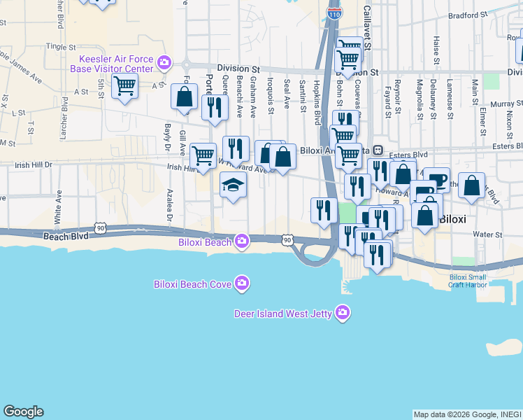 map of restaurants, bars, coffee shops, grocery stores, and more near 131 Suter Place in Biloxi