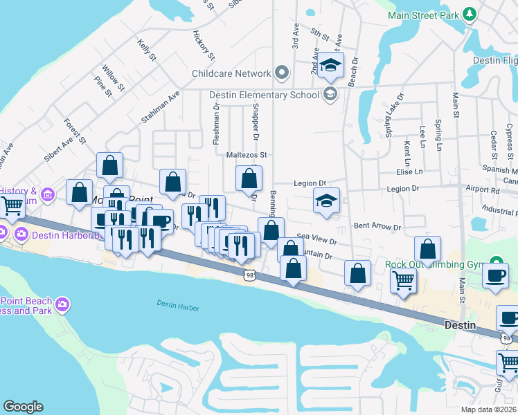 map of restaurants, bars, coffee shops, grocery stores, and more near 206 Snapper Drive in Destin
