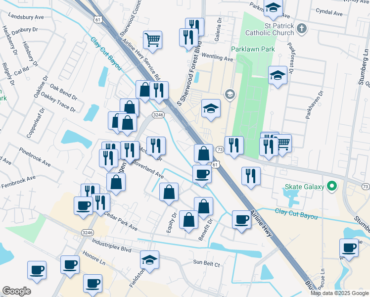 map of restaurants, bars, coffee shops, grocery stores, and more near 11620 Airline Highway in Baton Rouge