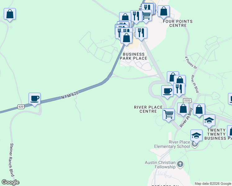 map of restaurants, bars, coffee shops, grocery stores, and more near 6715 Ranch Road 620 North in Austin