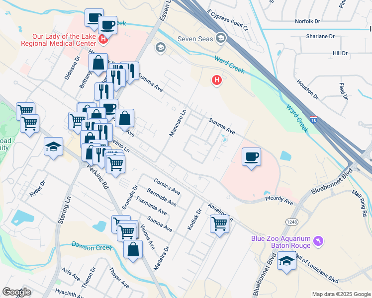 map of restaurants, bars, coffee shops, grocery stores, and more near 8313 Picardy Avenue in Baton Rouge