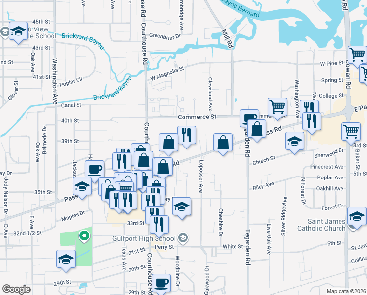 map of restaurants, bars, coffee shops, grocery stores, and more near 473 Glen Valley Way in Gulfport