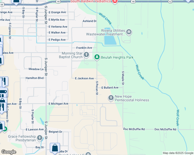 map of restaurants, bars, coffee shops, grocery stores, and more near South Pecan Street in Foley