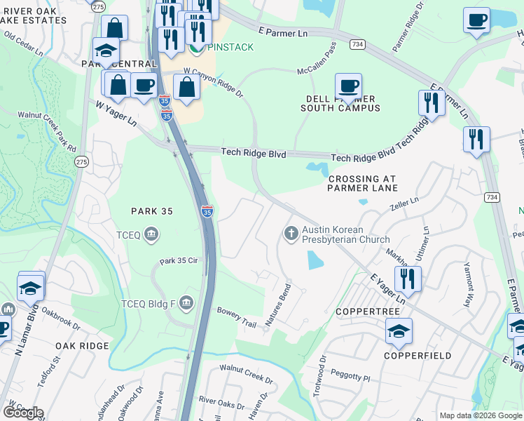 map of restaurants, bars, coffee shops, grocery stores, and more near 305 East Yager Lane in Austin