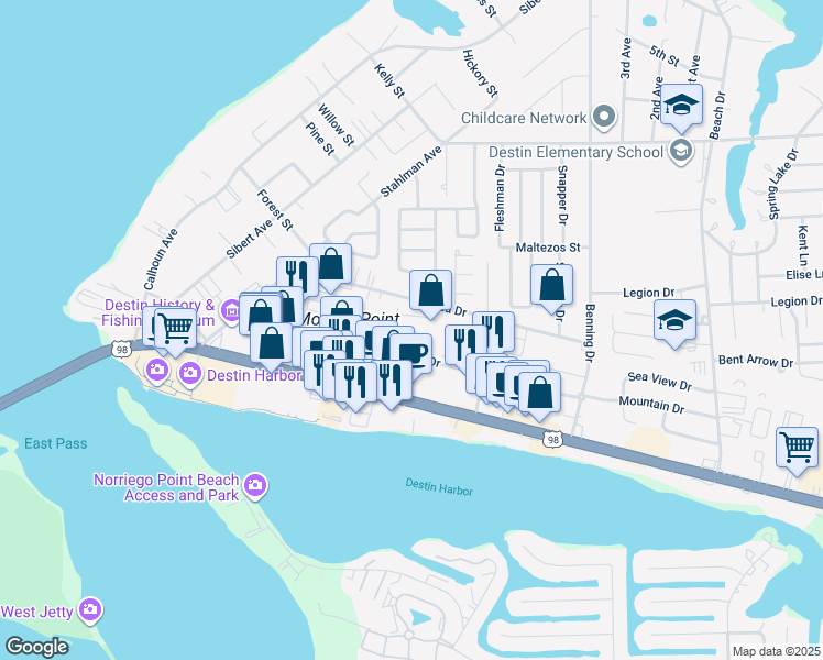 map of restaurants, bars, coffee shops, grocery stores, and more near 235 Pelican Place in Destin