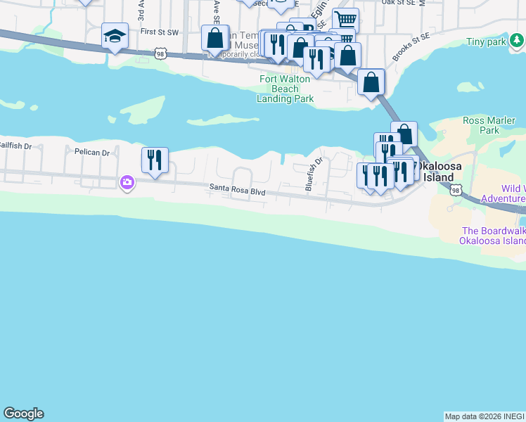 map of restaurants, bars, coffee shops, grocery stores, and more near 461 Abalone Court in Fort Walton Beach