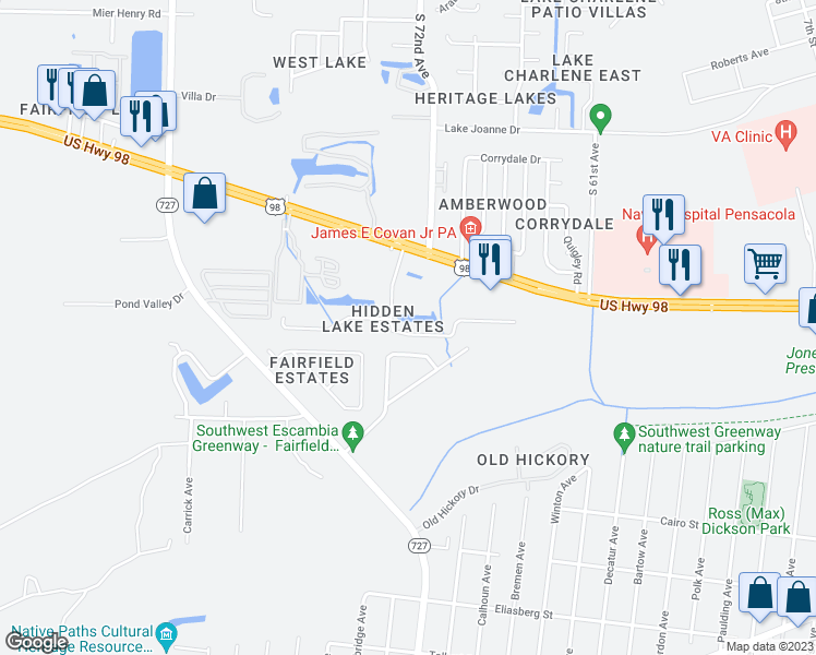 map of restaurants, bars, coffee shops, grocery stores, and more near 892 Lake Aire Drive in Pensacola