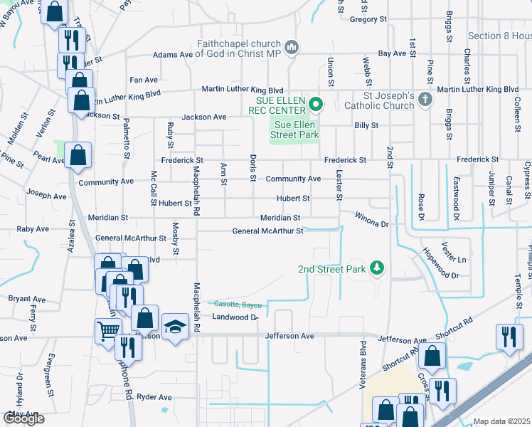 map of restaurants, bars, coffee shops, grocery stores, and more near 5013 Meridian Street in Moss Point