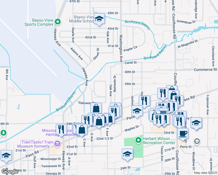 map of restaurants, bars, coffee shops, grocery stores, and more near 3715 Oak Avenue in Gulfport