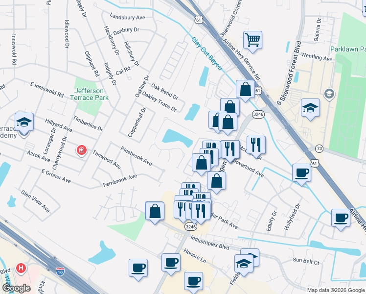 map of restaurants, bars, coffee shops, grocery stores, and more near 10989 North Shoreline Ave in Baton Rouge