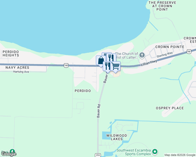 map of restaurants, bars, coffee shops, grocery stores, and more near 1068 Joaquin Road in Pensacola