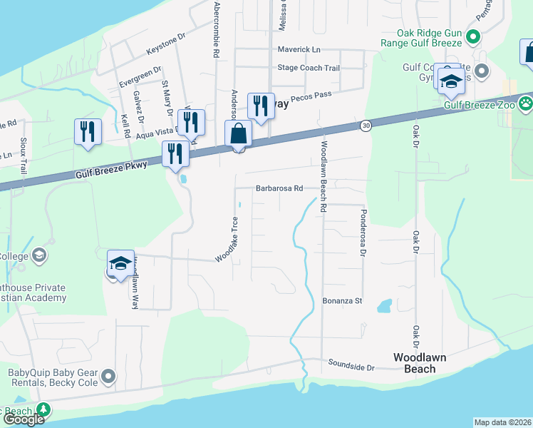 map of restaurants, bars, coffee shops, grocery stores, and more near 5314 Fargo Court in Gulf Breeze