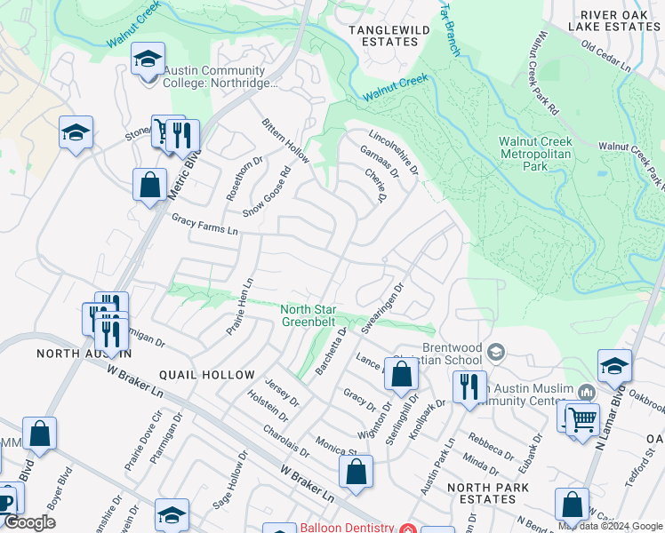 map of restaurants, bars, coffee shops, grocery stores, and more near 1600 Woodwind Ln in Austin