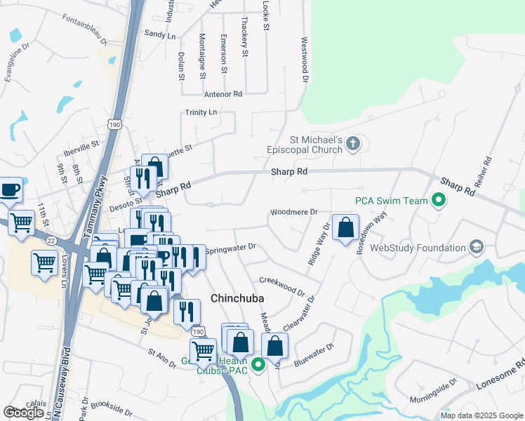 map of restaurants, bars, coffee shops, grocery stores, and more near 1478 Woodmere Dr in Mandeville