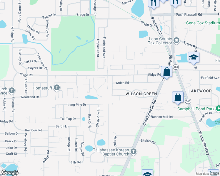 map of restaurants, bars, coffee shops, grocery stores, and more near 4198 Ridge Haven Road in Tallahassee