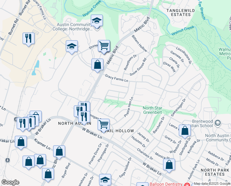 map of restaurants, bars, coffee shops, grocery stores, and more near 1821 Rainy Meadows Drive in Austin
