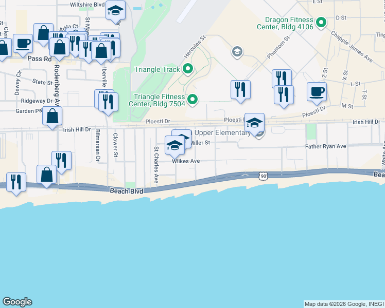 map of restaurants, bars, coffee shops, grocery stores, and more near 151 Saint George Avenue in Biloxi