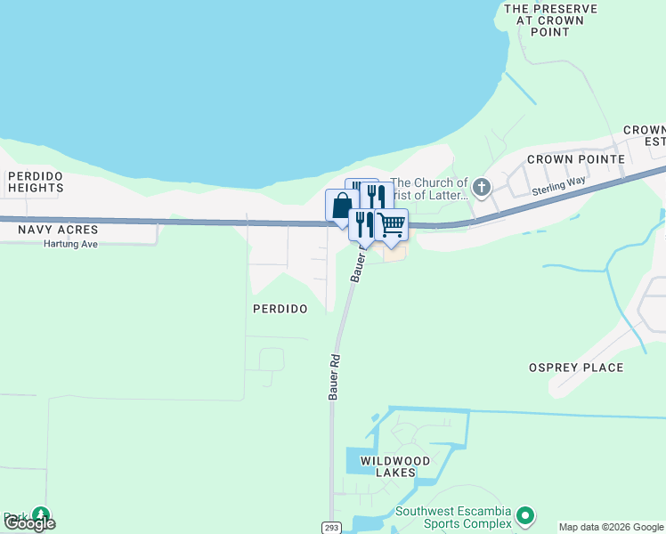 map of restaurants, bars, coffee shops, grocery stores, and more near 1068 Joaquin Road in Pensacola