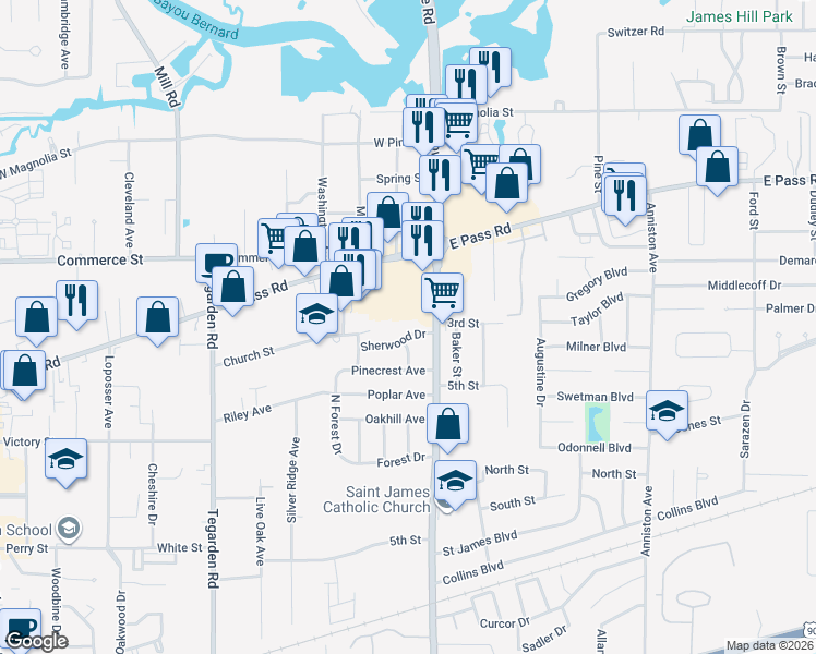 map of restaurants, bars, coffee shops, grocery stores, and more near 1322 Sherwood Dr in Gulfport