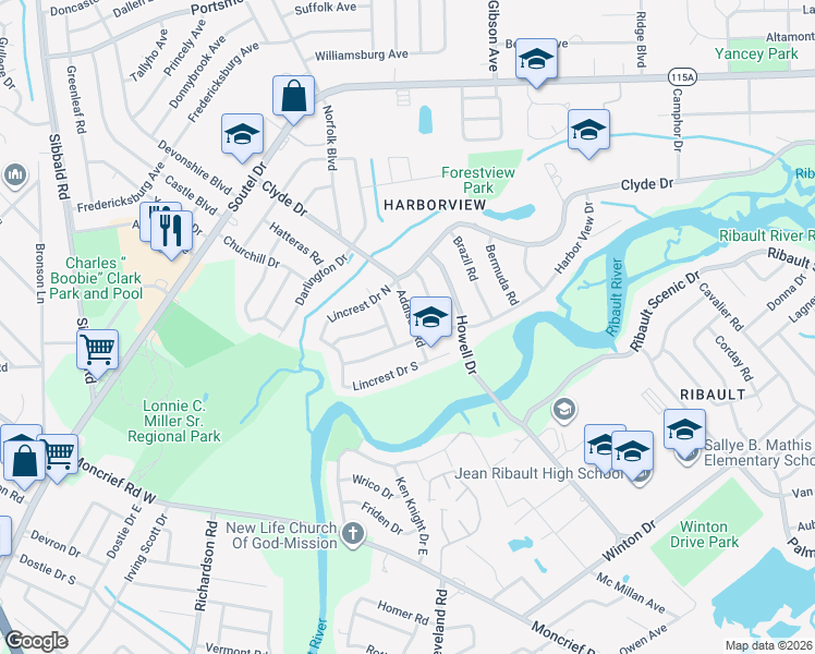 map of restaurants, bars, coffee shops, grocery stores, and more near 8504 Addison Road in Jacksonville