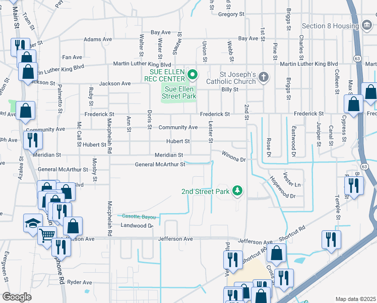map of restaurants, bars, coffee shops, grocery stores, and more near 3806 Johnson Street in Moss Point