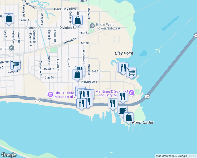map of restaurants, bars, coffee shops, grocery stores, and more near 151 Pine St in Biloxi