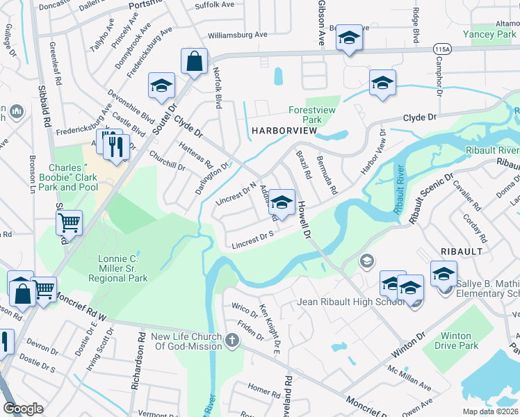 map of restaurants, bars, coffee shops, grocery stores, and more near 8504 Addison Road in Jacksonville