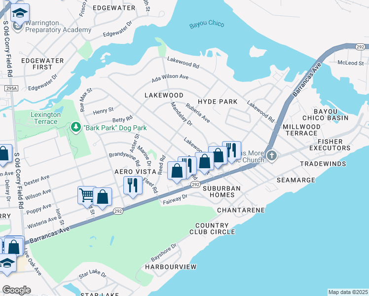 map of restaurants, bars, coffee shops, grocery stores, and more near 123 Rue Max Street in Pensacola