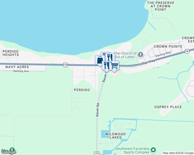 map of restaurants, bars, coffee shops, grocery stores, and more near 1068 Joaquin Road in Pensacola