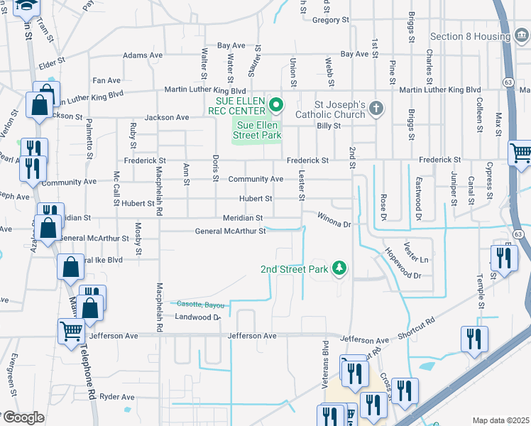 map of restaurants, bars, coffee shops, grocery stores, and more near 3806 Johnson St in Moss Point