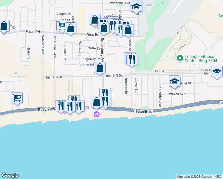 map of restaurants, bars, coffee shops, grocery stores, and more near 158 Rodenberg Avenue in Biloxi