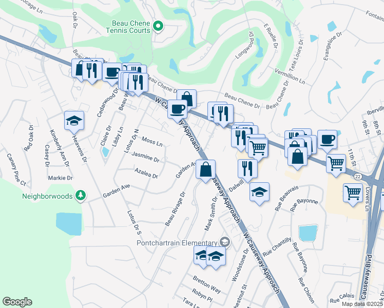 map of restaurants, bars, coffee shops, grocery stores, and more near 1820 West Causeway Approach in Mandeville