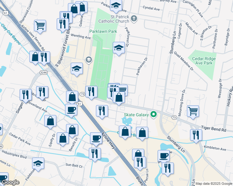 map of restaurants, bars, coffee shops, grocery stores, and more near 6124 Parkforest Drive in Baton Rouge