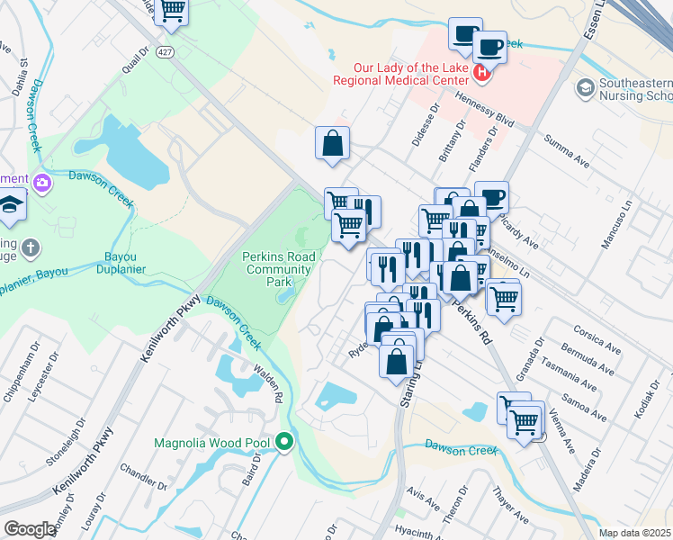 map of restaurants, bars, coffee shops, grocery stores, and more near 2015 Camelia Trace Drive in Baton Rouge