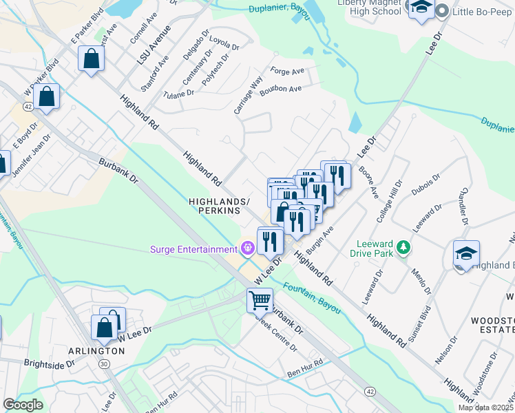map of restaurants, bars, coffee shops, grocery stores, and more near 5225 Highland Road in Baton Rouge