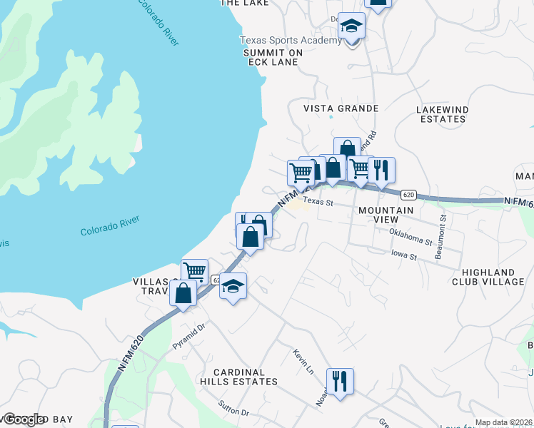 map of restaurants, bars, coffee shops, grocery stores, and more near 3320 Ranch Road 620 in Austin