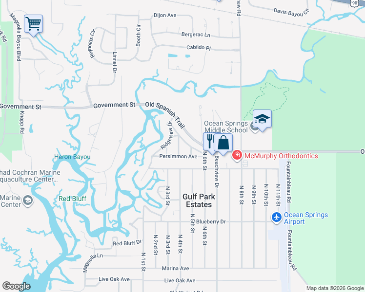map of restaurants, bars, coffee shops, grocery stores, and more near 3716 Tangerine Street in Ocean Springs