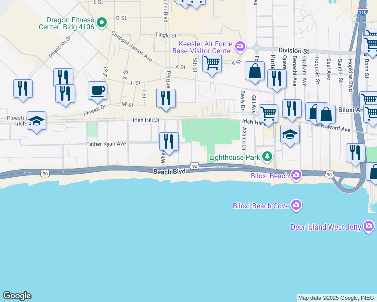 map of restaurants, bars, coffee shops, grocery stores, and more near 121 Caldwell Avenue in Biloxi
