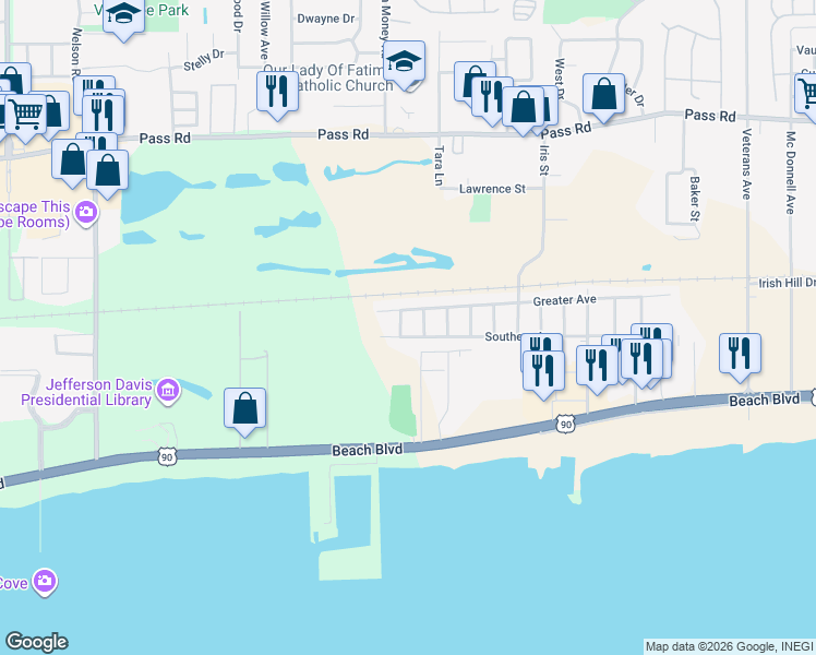 map of restaurants, bars, coffee shops, grocery stores, and more near 172 Orchid St in Biloxi