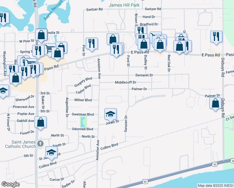 map of restaurants, bars, coffee shops, grocery stores, and more near 2370 Park Place Drive in Gulfport