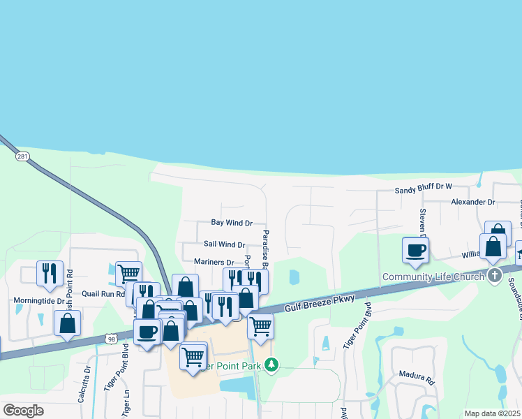 map of restaurants, bars, coffee shops, grocery stores, and more near 3913 Paradise Bay Drive in Gulf Breeze