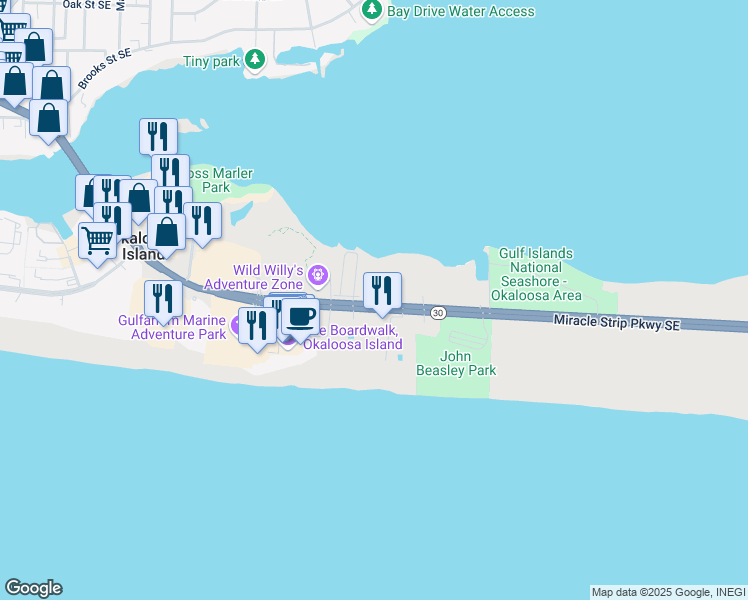 map of restaurants, bars, coffee shops, grocery stores, and more near 1318 U.S. 98 in Okaloosa Island