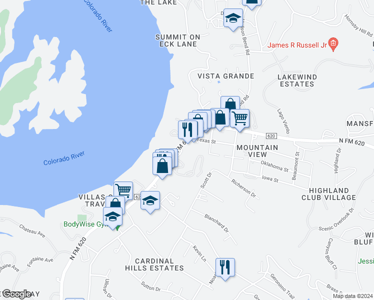 map of restaurants, bars, coffee shops, grocery stores, and more near 3505 Ranch Road 620 North in Austin