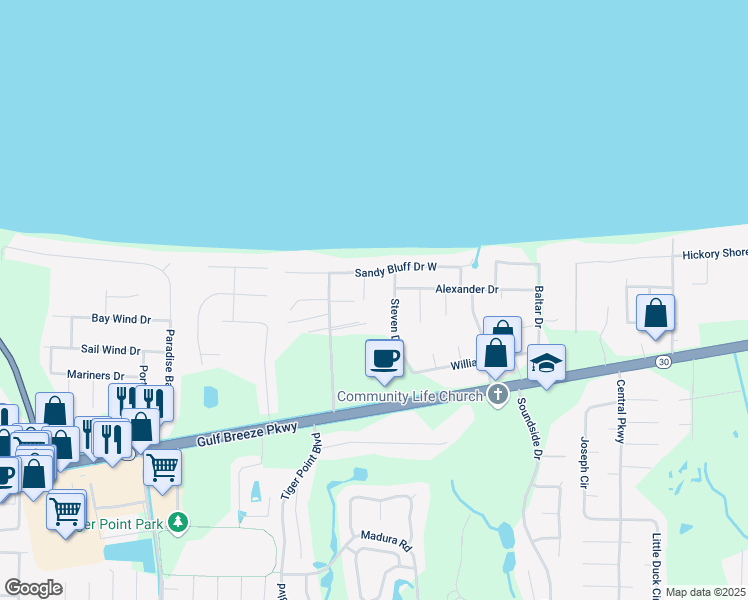 map of restaurants, bars, coffee shops, grocery stores, and more near 1638 Balogh Drive in Gulf Breeze