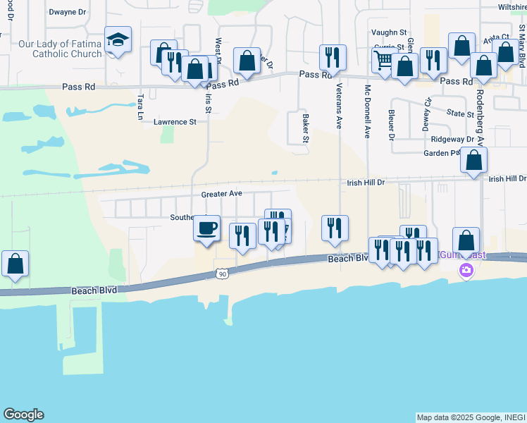map of restaurants, bars, coffee shops, grocery stores, and more near 1910 Southern Avenue in Biloxi